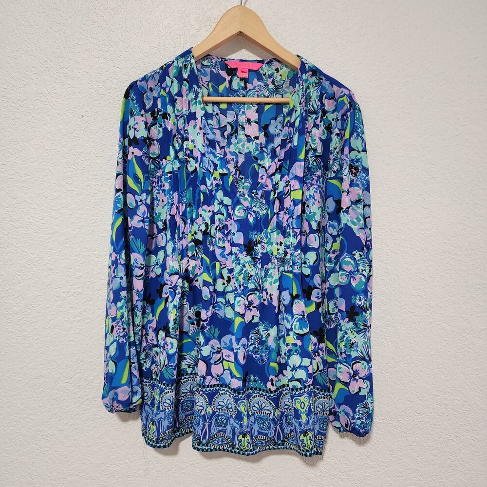 Lilly Pulitzer Blue Floral Tassel Keyhole Long Sleeve Pleated Top Large Coastal